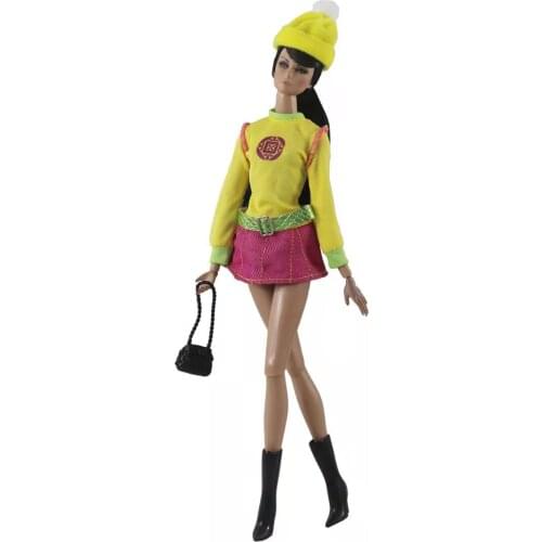 1/6 BJD Clothes Set Shoes Pretty Hat Handbag Booties Long Sleeve Yellow Dresses for Barbie Accessories Outfits Kids Cosplay Toy