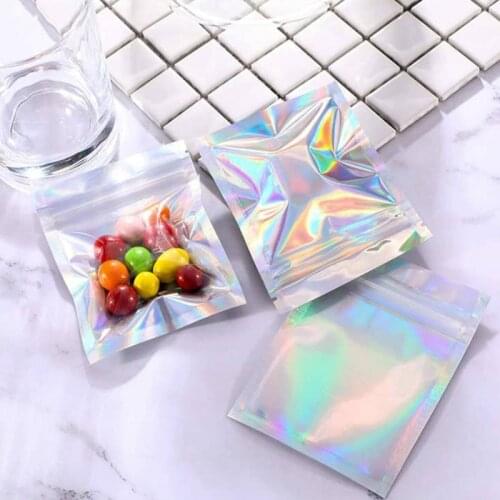 20pcs Colorful Flat Bath Salt Cosmetic Bag One Side Clear Holographic Mini Aluminum Foil Zip Lock Bags Sizes Christmas Package