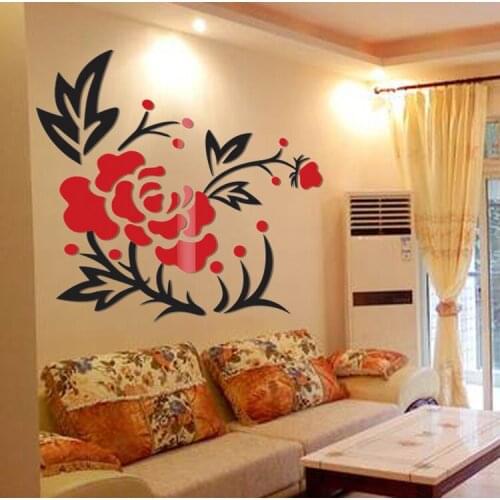 New arrival Peony 3d Acrylic mirror wall stickers Bedroom tv sofa background wall embossed decoration Home DIY Art wall decor
