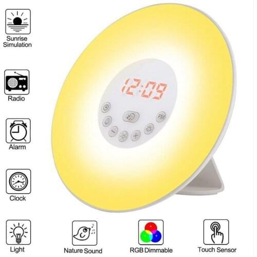Digital Alarm Clock Wake Up Colorful Light Table LED Lamp Sunrise Sunset Snooze Clocks FM Radio Touch Control