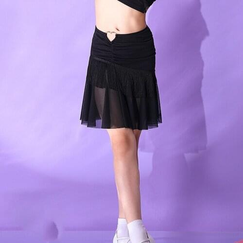Latin Dance Clothes Kids Rumba Practice Mesh Fringe Black Skirt Professional Latin Dancing Training Clothes Samba Skirt DWY5942