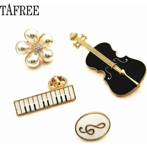 TAFREE Violin,Guitar,Piano,Pearls,Musical Note Lapel Pins Enamel Brooches Women Badge Suit for Bag Hat Collar Clips LP374
