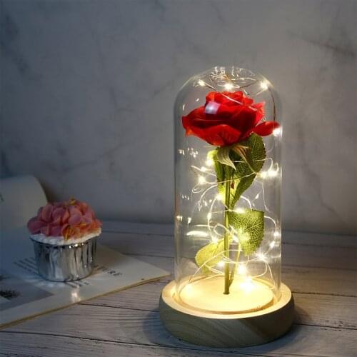 Hot Sale Beauty and The Beast Gold Foil Rose Flower LED Light Artificial Flowers In Glass Dome Party Decorations Gift For Girls
