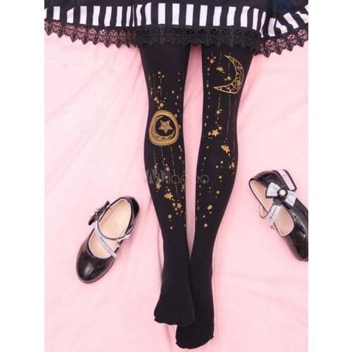 Gothic Black Lolita Pantyhose moon and star print thigh-high 100D Velvet fashion japanese Sweet Lolita Pantyhose