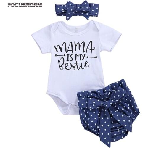 FOCUSNORM 0-18M Kid Boys Girls Clothes Sets Letter Short Sleeve Romper Tops Dot Shorts Headband 3pcs Outfits