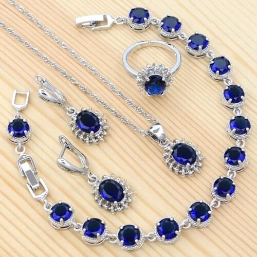 925 Silver Wedding Jewelry Set Oval Blue Stone Classic Earrings Ring Pendant Necklace Sapphire Bracelet for Women