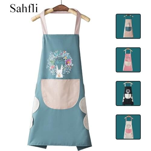 Creative Kitchen Utensils Cartoon Garland Rabbit Print Waterproof Sleeveless Apron with Large Pockets and Plush Hand-wiping Area