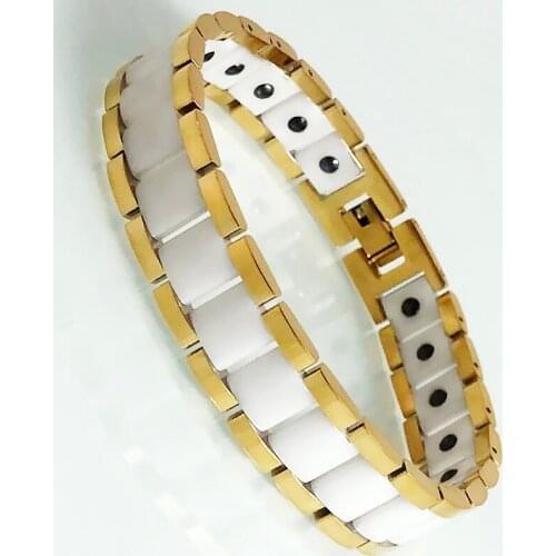 Masuline Energy Health Care Magnetic Mens Bracelets On Hand White Ceramic Wristband Womens Golden Stainless Steel Armband Gift