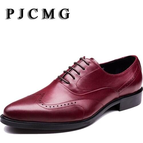 PJCMG New Breathable Mens Business Lace-Up Black/Wine Red Formal Mens Dress Genuine Leather Wedding Oxfords Office Shoes