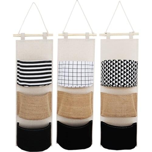Wall Mounted Stripe Plaid Storage Bag Home Space-saving Hanging Pouch Sundries Holder