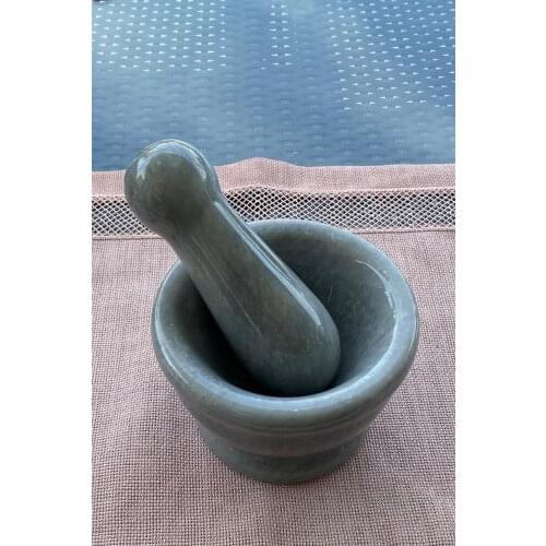 Handmade Natural Marble Mortar - With Hammer 12x7 Cm, for Garlic and Spice, Gray Color Gift Idea, Natural Stone Made in Turkey