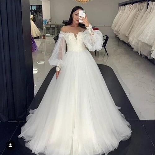 Puffy Sleeves Wedding Dresses Elegant Sexy Appliques Lace Wedding Bridal Gowns 2021 Boho Plus Size Bride Dress Vestido De Noivas