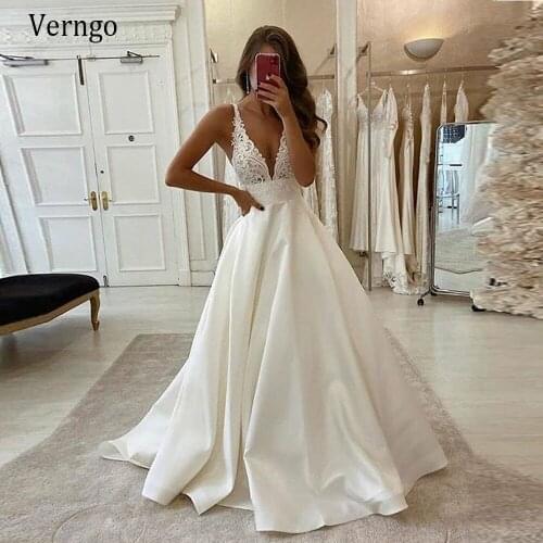 Verngo Simple A Line Satin Skirt Lace Top Wedding Dress V Neck Backless Sexy Bride Gown Vintage Long Dress Vestidos De Novia
