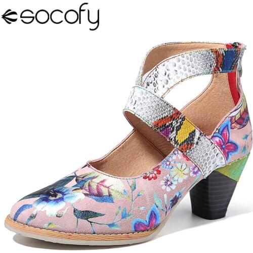 SOCOFY Snakeskin Grain Genuine Leather Splicing Flowers Pattern Comfortable Zipper Chunky Heel Pumps Retro Chunky Heeled Sandals