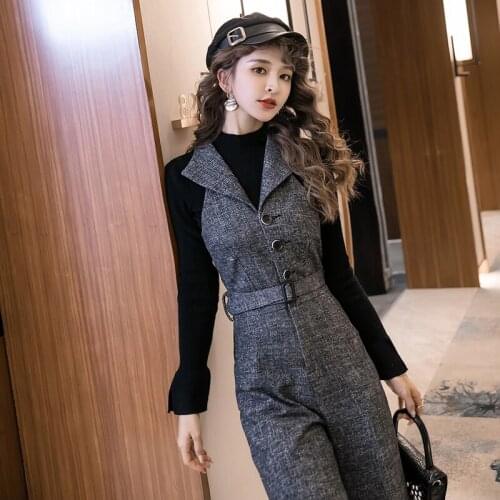 Temperament suit wide-leg jumpsuit + casual knitted sweater two-piece suit autumn and winter h fashion womens clothing