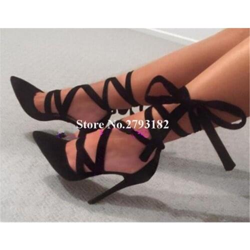 Western Style Women Fashion Pointed Toe Suede Leather Stiletto Heel Pumps Lace-up Strap Cross High Heels Formal Dress Shoes