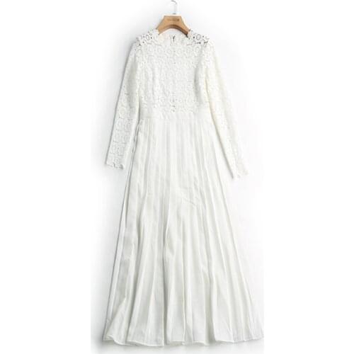 PERHAPS U White Hook Flower Hollow Out Lace Patchwork Chiffon Long Sleeve Zipper A-line Midi Dress Elegant Party Autumn D2099