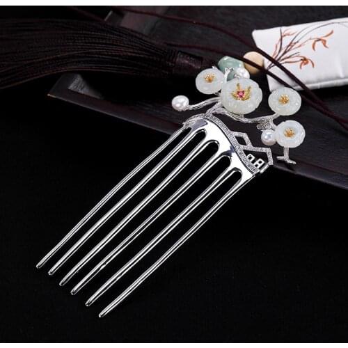 925 Sterling Silver Inlay White Retro Plum Ladies Hair Comb