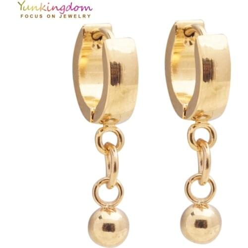 Yunkingdom wholesale new 2018 jewelry long earrings stainless steel gold color ball hoop earrings for women UE0304