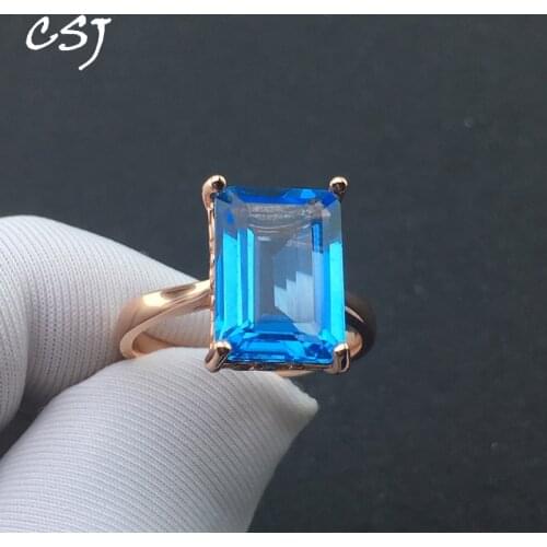 CSJ Natural Blue Topaz Rings Sterling 925 Silver Gemstone Oct10*14mm Rose Gold Plated Women Wedding Engagment Party Gift Box