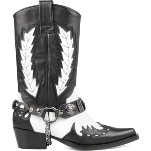 FootCourt- Black White Genuine Leather Women Boots Pointed Toe Western Cowboy Boots Lady Mid Calf Boots Handmade