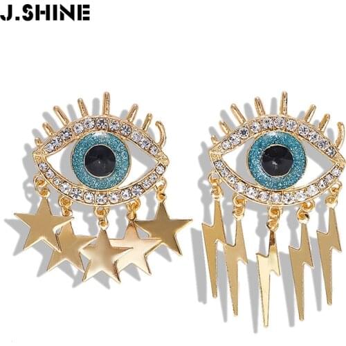 JShine Two-Styles Evil Eye Crystal Earrings for Women Star Light Tassel Statement Stud Earrings Metal Fashion Jewelry