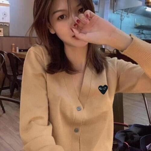 PLAY Women Cardigan Embroidery Heart Cartoon V-neck Long-sleeved Single-breasted Cotton Spring Autumn Loose Casual Sweater