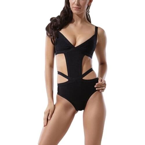 Black one piece spaghetti strap cut out 2018 newest sexy good quality rayon bandage swimsuit