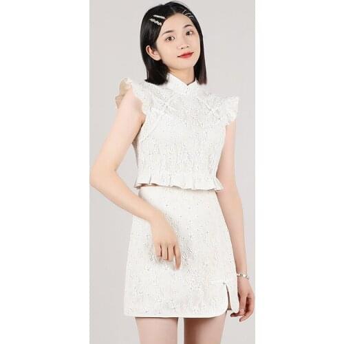 2021 chinese 2 piece mandarin collar dress chinese women short qipao sleeveless cheongsam lady vintage dress elegant party dress