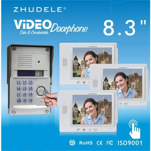 ZHUDELE Security Intercom System 8.3"Video Door Phone Touch Key Doorbell&IR 700TVL HD Home Security CCD Camera FRID Panel 1V3