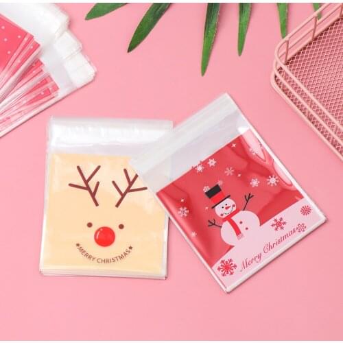 100Pcs Christmas DIY Self Adhesive OPP Bags Cookie Candy Package Gifts Bag For Xmas Home Party Packing Decoration Baking Supply