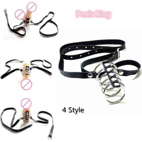 4 Style Male Sexy Costumes of Mens Stainless Steel Penis Cock Ring Chastity Device Sex Toys with Leather Bondage Strap