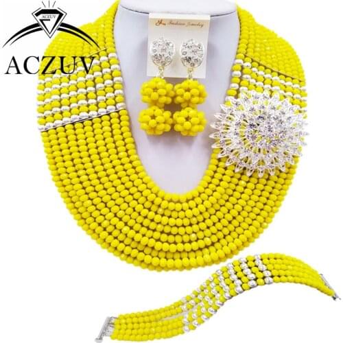 ACZUV 10 Rows Opaque Yellow African Beads Necklace Nigerian Wedding Bridal Crystal Jewelry Sets 10LBJZ026