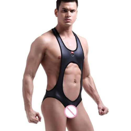 Sexy Men Hollow Out High Cut U Convex Pouch Bodysuit PU Faux Leather Leotard Jumpsuits Back Strap Gay Wear