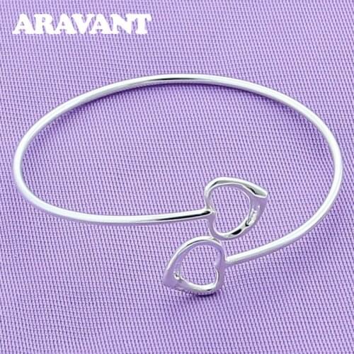 925 Jewelry Double Heart Adjustable Bracelet Bangle For Women Silver Plated Jewelry Gifts