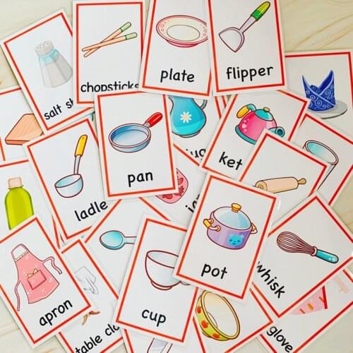 Children Kitchen+Bathroom card English FlashCard Study Montessori Education Learning English Word language cards Kid baby Gift