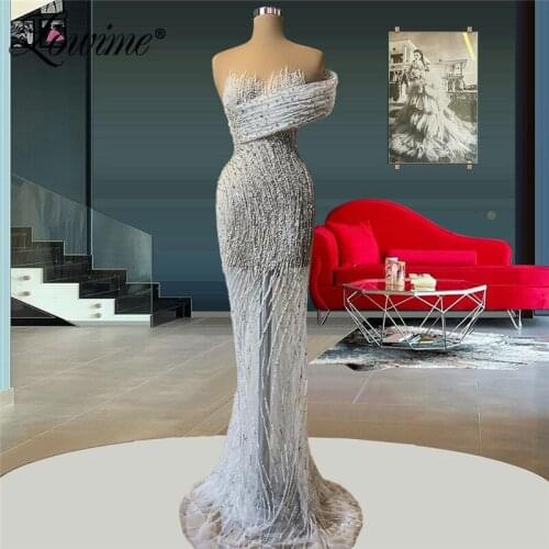 2021 Silver Beads Long Mermaid Party Dresses Dubai Evening Gowns Elegant One Shoudler Formal Long Celebrity Dresses For Prom