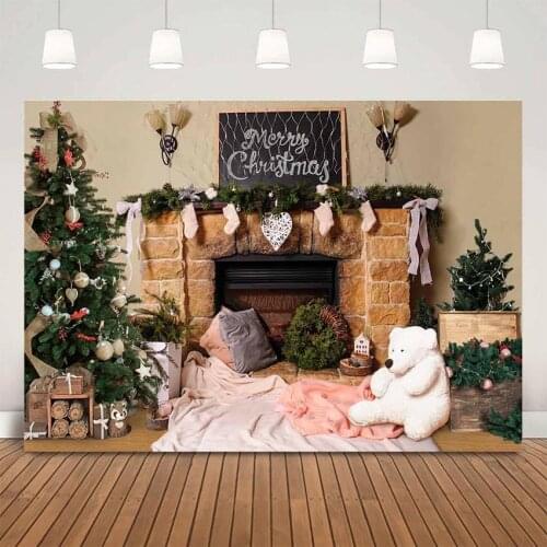 Photography backdrop Merry Christmas brick fireplace wreath Christmas tree photo booth background photocall sock and gifts