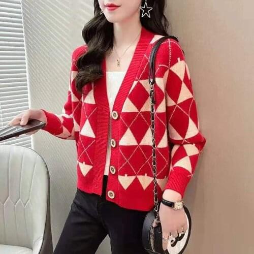Кардиган свитер 2021 Autumn Winter Cardigan For Women Korean Fashion Argyle Womens Coat Knitted Ladies Sweater Long Sleeve Top