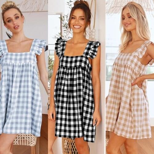 Summer Sexy Y2k Casual Cottagecore Kawaii Vintage Elegant Plus Size Party Black Plaid Ruffle Tank Ladies Mini Dress Women 2021