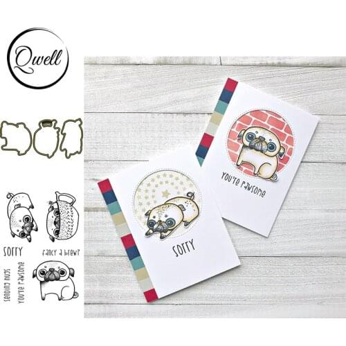 QWELL 3 Lovely Pugs Metal Cutting Dies With Clear Stamps Combo Words Sending Hugs DIY Scrapbooking Craft Paper Cards 2021