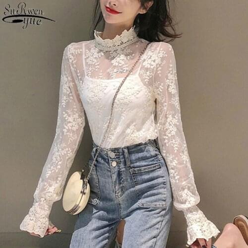 2021 Spring and Autumn New High Collar Long Sleeve Embroidered Women Blouse Lace Bottom Shirt Korean Mesh Shirt Female 13130