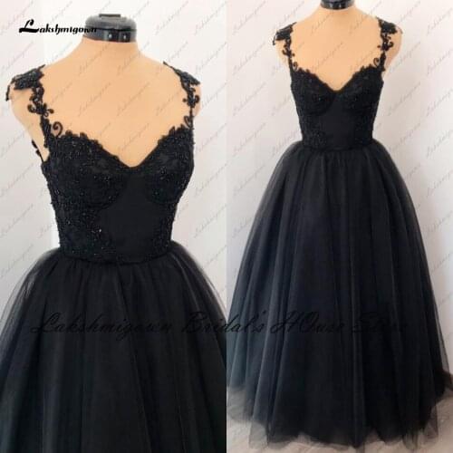Lakshmigown Luxury Bridal Black Wedding Dress Vintage Lace Beaded Tulle Long Wedding Dinner Party Gowns Spaghetti Straps 2022