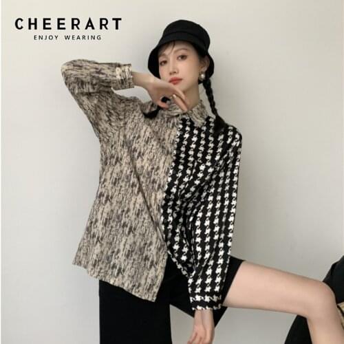 CHEERART Harajuku Patchwork Shirt Designer Button Up Collared Shirt Long Sleeve Plaid Fashion Top Japanese Streetwear Clothing