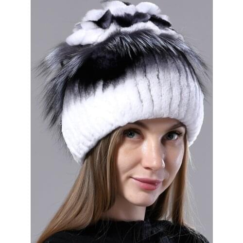 Rabbit Fur Hat Winter Warm Real Fur Hats for Women Floral Knitted Caps Stylish Female Grils Fashion Fluffy Fur Hats