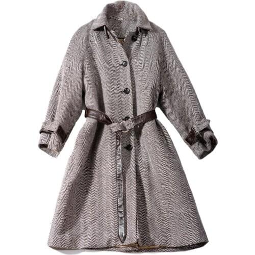 Wool cotton blend twill women high grade long cardigan coat sheep leather spliced single breasted EU size S/M/L