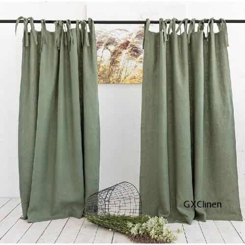 Green Tie Top Linen Curtain Panel Natural Linen Sheer Curtains Drapes With Ties Soft Flax Curtains In Many Sizes