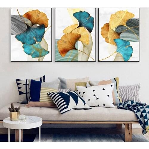 Blue Green Yellow Gold Ginkgo Biloba Nordic Abstract Poster Nordic Canvas Print Wall Art Painting Modern Picture For Living Room