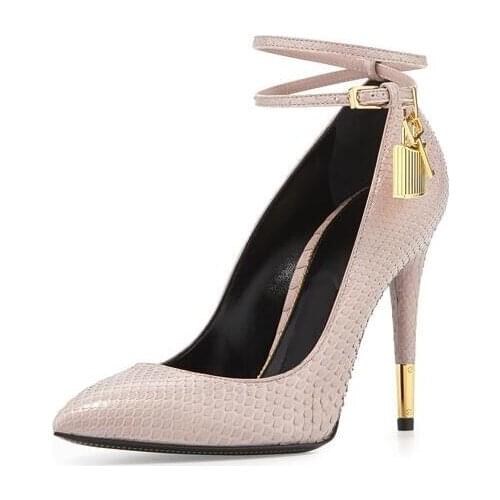 Python Lock High Heel Pointed Toe Pump Ankle Strap Metal Heels Padlock Pumps Low Cut-out Patchwrok Banquet Dress Shoes Plus Size