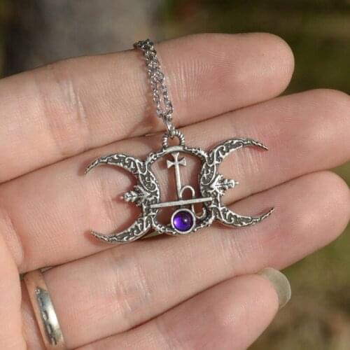 Wiccan Triple Moon Pendant With Turquoise Purple Zircon Necklace Wicca Crescent Jewelry